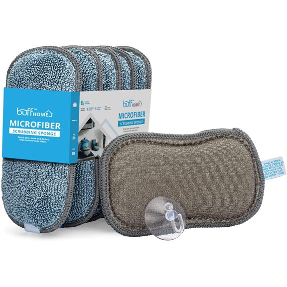 KKFEN-Sponge for Kitchen (6 Pack) - Suction Cup Hook Included, Reusable, Washable Dish Sponges with Scrubber, Refills, Scrubbing Side, Non-Scratching, Multi-Purpose, Scouring