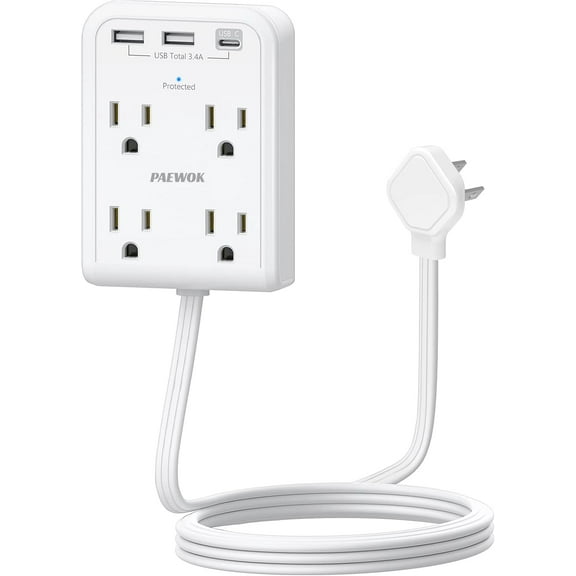KKFEN-Surge Protector Power Strip, Outlet Extender Stick with USB C Ports, 4 Outlet 3 USB, 4 FT Extension Cord Flat Wall Plug, Home Office Dorm Room Essentials, White
