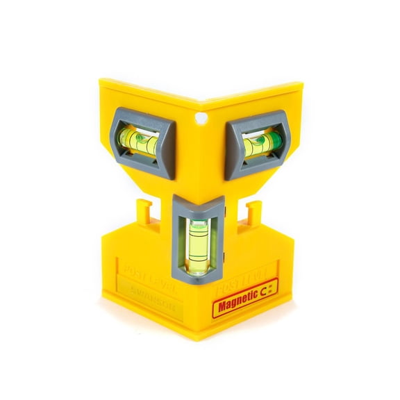 KKFEN-Swanson Tool Co PL001M Magnetic Composite Post Level, Yellow, Includes Elastic Loop for Hands-Free Work and 3 Vials for Easy Plumb and Level Reads