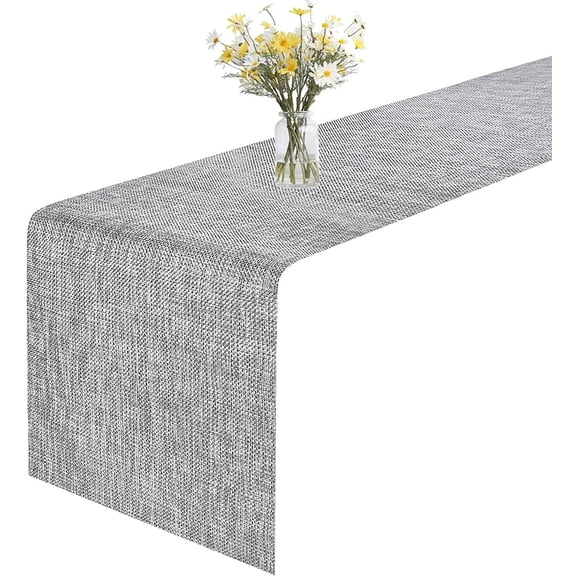 KKFEN-Table Runner, 12x107in Heat-Resistant Woven Vinyl Long Tabletop, Non-Slip Washable PVC Table Runners, Easy to Clean Premium Plastic Dresser Cover for Wedding, Decor, Home (Smoke Gray)