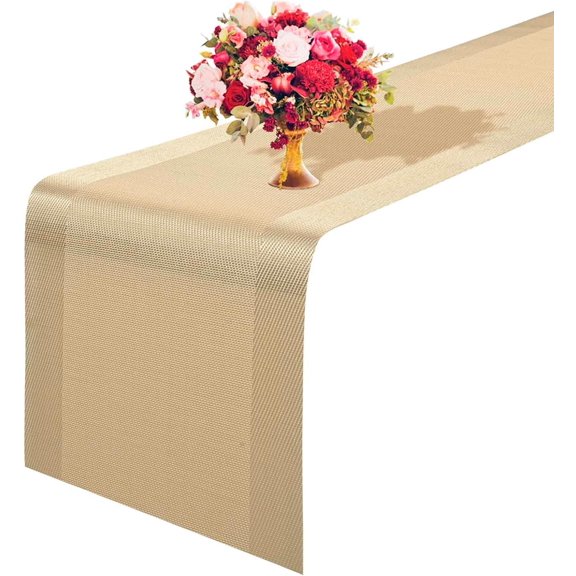 KKFEN-Table Runner, 12x53in Heat-Resistant Woven Vinyl Long Tabletop, Non-Slip Washable PVC Table Runners, Easy to Clean Premium Plastic Dresser Cover for Wedding, Decor, Home, Art (Golden)