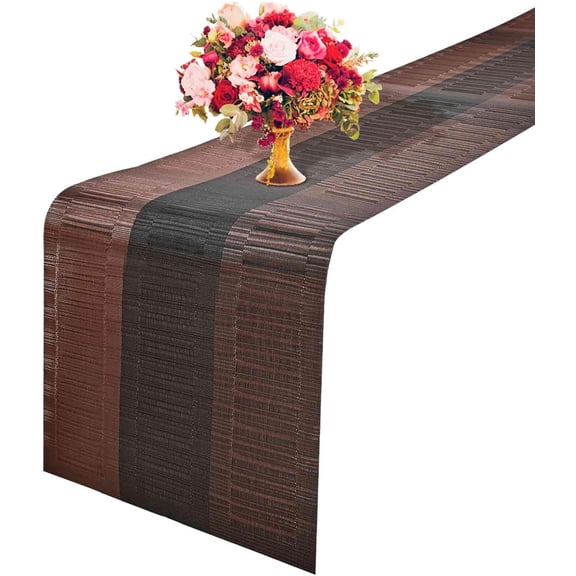 KKFEN-Table Runner, 12x72 in Heat-Resistant Woven Vinyl Long Tabletop, Non-Slip Washable PVC Table Runners, Easy to Clean Premium Plastic Dresser Cover for Wedding, Decor, Home, Art (Black+Brown)