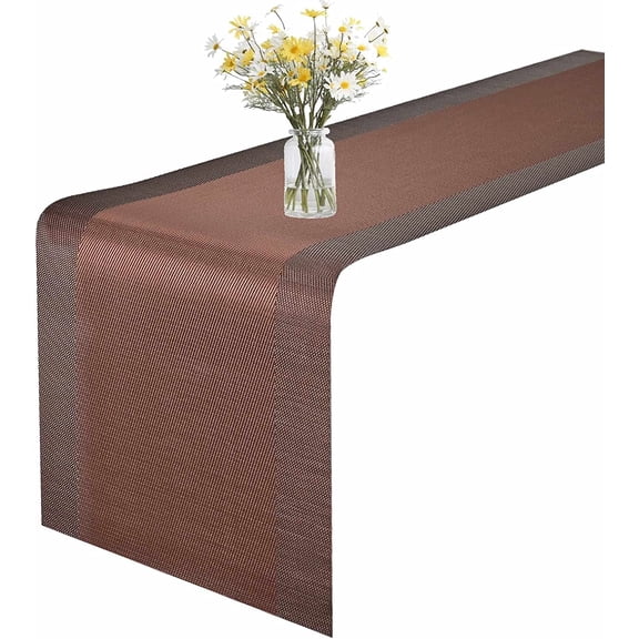 KKFEN-Table Runner, 12x72in Heat-Resistant Woven Vinyl Long Tabletop, Non-Slip Washable PVC Table Runners, Easy to Clean Premium Plastic Dresser Cover for Wedding, Decor, Home (Brown)