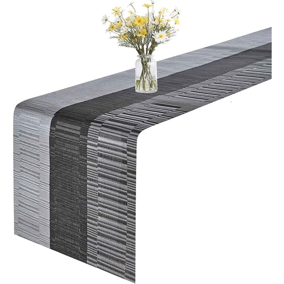 KKFEN-Table Runner, 12x72in Heat-Resistant Woven Vinyl Long Tabletop, Non-Slip Washable PVC Table Runners, Easy to Clean Premium Plastic Dresser Cover for Wedding, Decor, Home (Black+Silver)