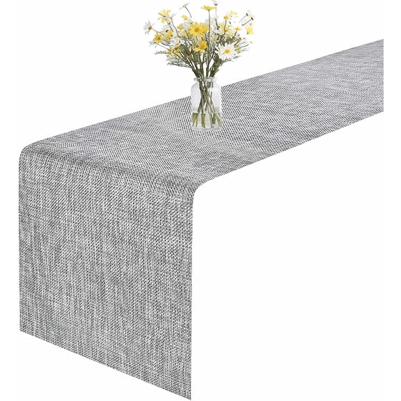 KKFEN-Table Runner, 12x72in Heat-Resistant Woven Vinyl Long Tabletop, Non-Slip Washable PVC Table Runners, Easy to Clean Premium Plastic Dresser Cover for Wedding, Decor, Home (Smoke Gray)
