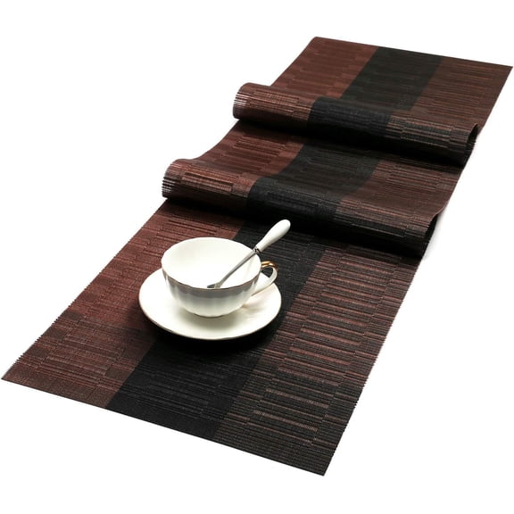 KKFEN-Table Runners Woven Vinyl PVC Table Runner 12 x 36 inch Wipe Clean Bamboo Weave Countertop Table Decor Mats Indoor Outdoor, Ombre Coffee Black