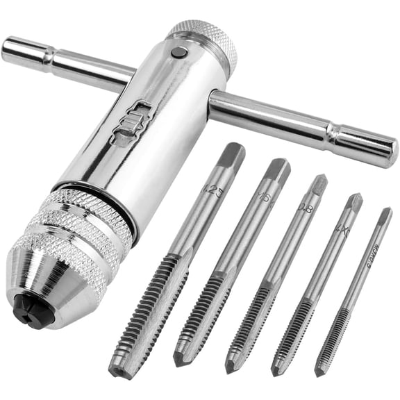 KKFEN-Tap Wrench Tool Set, Adjustable Ratchet Tap Wrench with 5Pcs Metric Machine Thread Plug Taps M3 M4 M5 M6 M8 Screw Taps T-Handle Tap Holder Hand Tapping Tool Kit