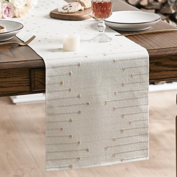 KKFEN-Taupe Beige Boho Table Runner for Farmhouse RusticSeasonal Holiday Macrame Burlap Kitchen Dining Table Decoration for Home Party Decor 13x36 Inch
