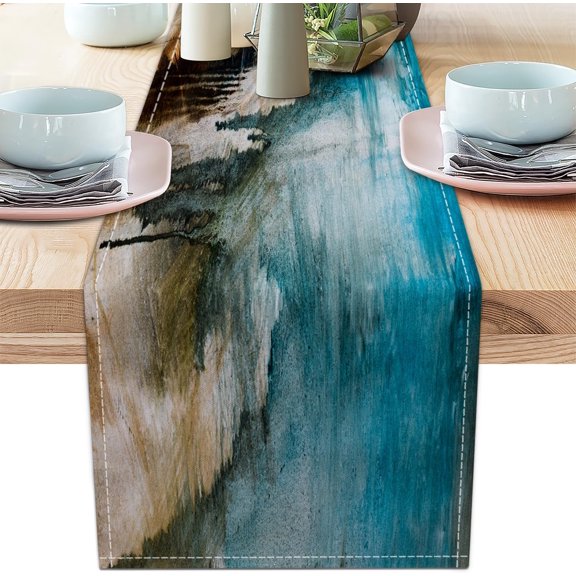 KKFEN-Teal Black and Brown Table Runners Rustic Farmhouse Linen Table Runners Abstract Modern Art Coffee Table Runner for Kitchen Dining Table Home Party Decor (Teal Brown, 13"x 71")