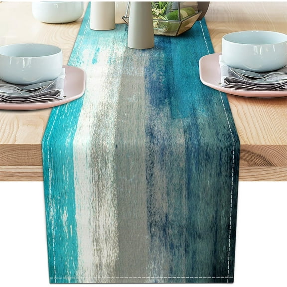 KKFEN-Teal Grey Table Runners Modern Art Farmhouse Linen Table Runners Dresser Scarves Retro Rustic Style for Party Kitchen Dining Table Coffee Holiday Party Decor (13"x 36", Teal Grey)