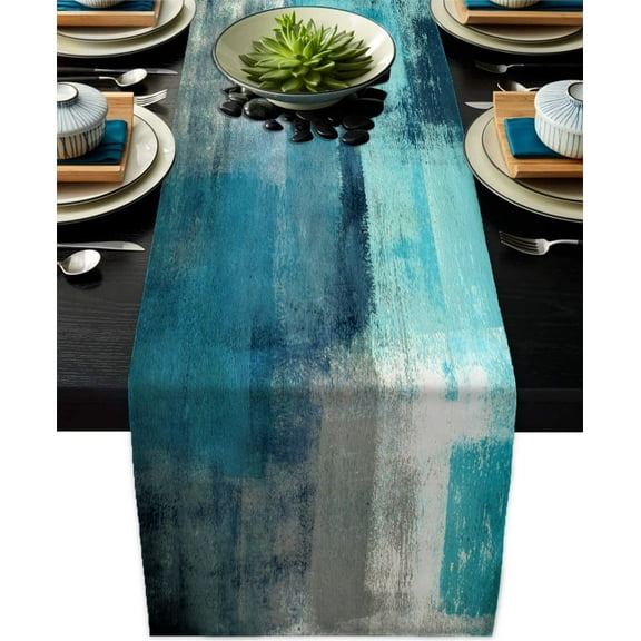 KKFEN-Teal Grey Table Runners Modern Art Farmhouse Linen Turquoise Table Runners Dresser Scarves Retro Rustic Style for Party Kitchen Dining Table Coffee Holiday Party Decor (Teal Grey, 13"x 71")