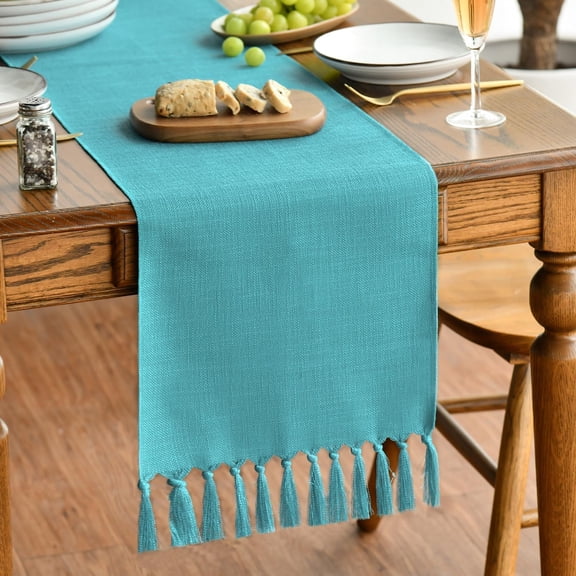 KKFEN-Teal Tassel Table Runner, Winter Linen Blend Rustic Farmhouse Style Kitchen Table Decoration Holiday Wedding Party Dinning Decor 13x48 Inch