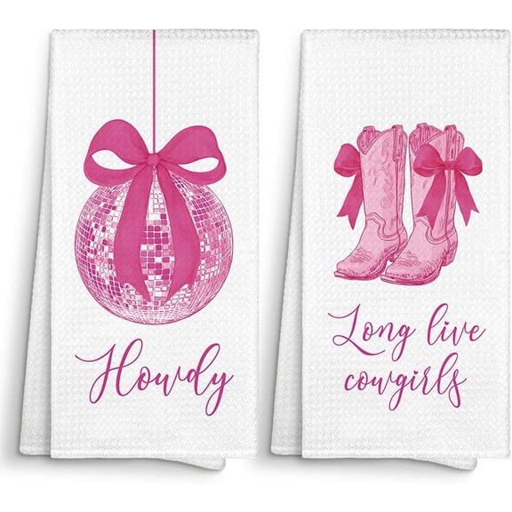 KKFEN-Trendy Pink Coquette Bow Preppy Cowgirl Kitchen Towel Decorative 16x24 Set of 2, Howdy Dish Towel Cloths Dishcloth Tea Towel Gifts for Teen Girls, Long Live Cowgirls Bathroom Hand Towel Decor
