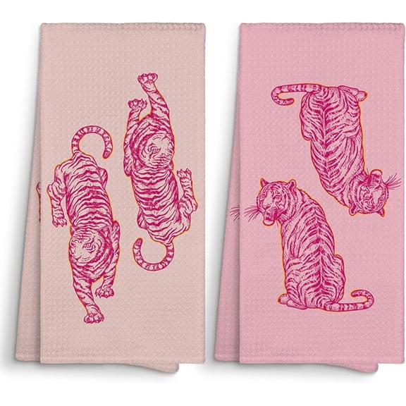 KKFEN-Trendy Preppy Pink Tiger Kitchen Towels Decorative 16x24, Hot Pink Tiger Decor Dish Towels Cloths Dishcloths Tea Towel Gifts for Women Teen Girl, Girly Dorm Bathroom Kitchen Hand Towel Decor