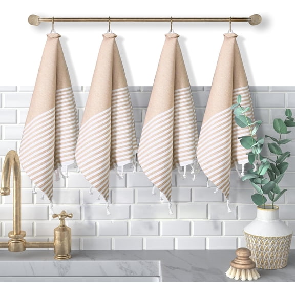 KKFEN-Turkish Kitchen Towels 18x26 Inches with Tassels - 4 Pack - Absorbent, Durable, Soft 100% Cotton Dish Towels for Drying & Cleaning - Machine Washable, Quick Dry - Beige