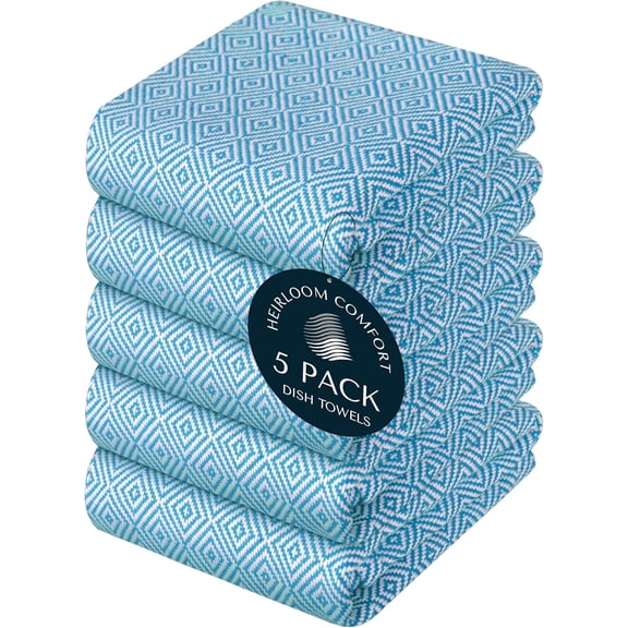 KKFEN-Turquiose Blue Kitchen Towels Set of 5, Durable & Super Absorbent Dishcloths Pack, 100% Cotton, Reusable, Durable, Quick Dry Towels for Daily Kitchen Use, Wiping & Drying Dishes