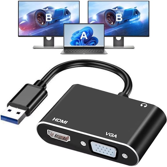 KKFEN-USB 3.0 to HDMI VGA Adapter, USB to VGA HDMI Adapter for 2 Monitors, 1920 * 1080P@60HZ Full HD Display Video Converter Comaptible with Windows 7/8/8.1/10 and Mac OS Systems