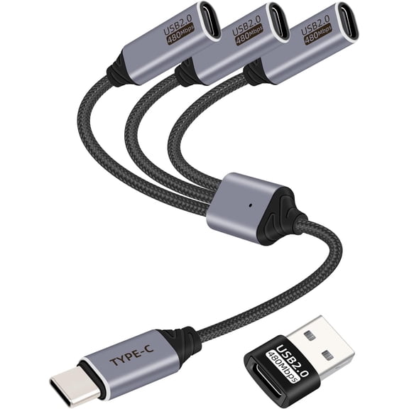 KKFEN-USB C Splitter 1 in 3 Out,USB Type C Splitter,Type C Male to 3 Type C Female Extension Cord,USB C Power Cabler Extender Hub Support USB 2.0 for Charging and Data Transfer (26CM)