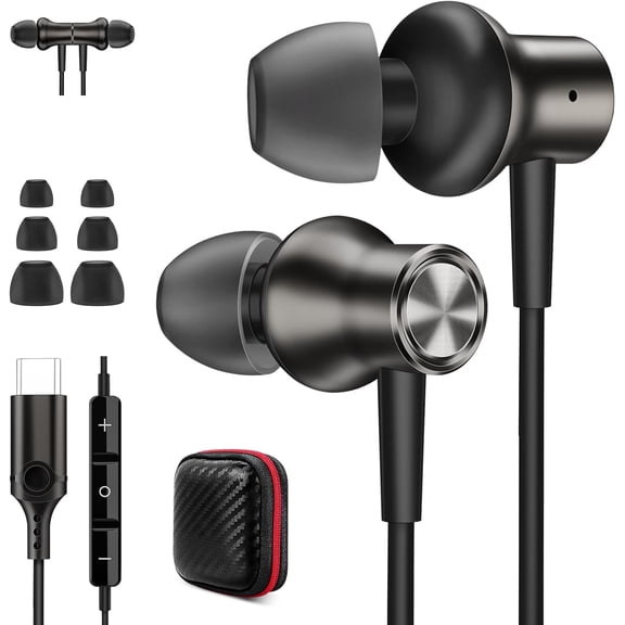 KKFEN-USB C Wired Earbuds for iPhone 17 Pro Max 16 15 Plus Headphone with Mic in Ear Magnetic Noise Isolated Stereo AUX Corded Type C Earphone for Samsung Galaxy S25 S24 for iPad Pixel 10 Metal Grey