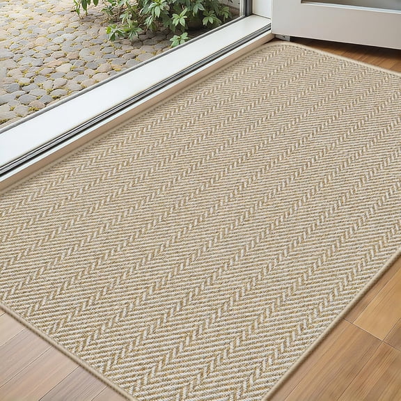 KKFEN-Ultra Thin Door Mat Indoor Entrance 17"x29", Low-Profile Indoor Door Mat, Non Slip Entry Mat Rubber Backing Unique Herringbone Design Inside Doormat Dirt Trapper Entryway Mats, Beige