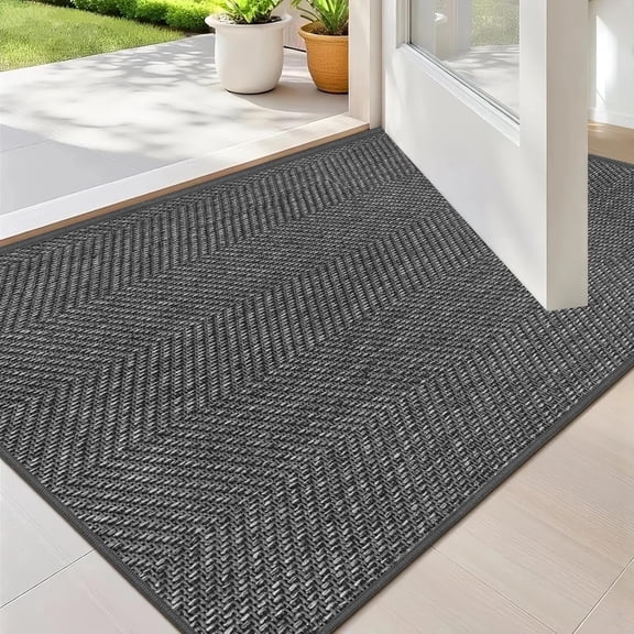 KKFEN-Ultra Thin Indoor Door Mat 17"x29", Washable Door Mat Indoor Entrance, Non Slip Rubber Backing Doormat Low-Profile Inside Entryway Mat, Unique Herringbone Design Entry Mat, Dark Grey (FOLD)