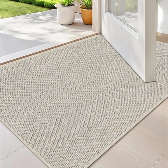 KKFEN-Ultra Thin Indoor Door Mat 17"x29", Washable Door Mat Indoor Entrance, Non Slip Rubber Backing Doormat Low-Profile Inside Entryway Mat, Unique Herringbone Design Entry Mat, Khaki (FOLD)