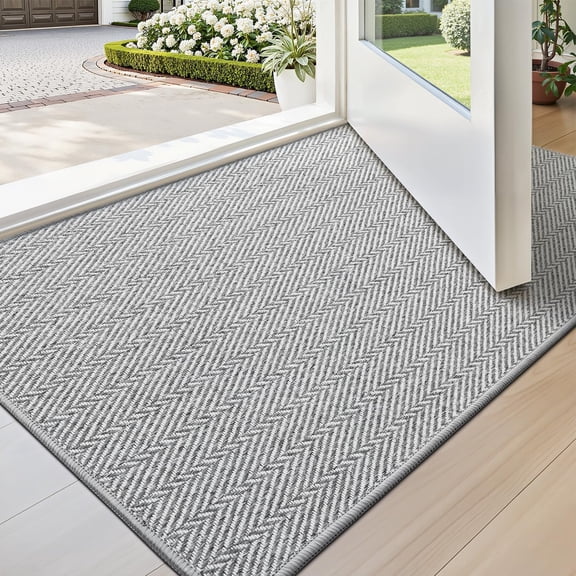 KKFEN-Ultra Thin Indoor Door Mat for Entrance 17"x30", Non Slip Entryway Mat, Low Profile Doormat, Unique Herringbone Design Carpet for Inside, Patio, Porch, Gray