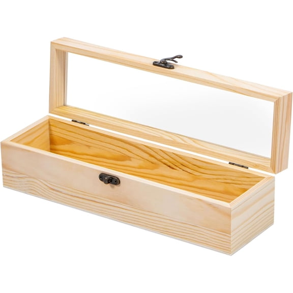 KKFEN-Unfinished Wooden Box with Hinged Glass Lid, 11.8" x 3.3" x 3.2" Wood Wine Box, Decorative Keepsake Box for Gift, Home Decorations, Wine Collection, Memorial Display