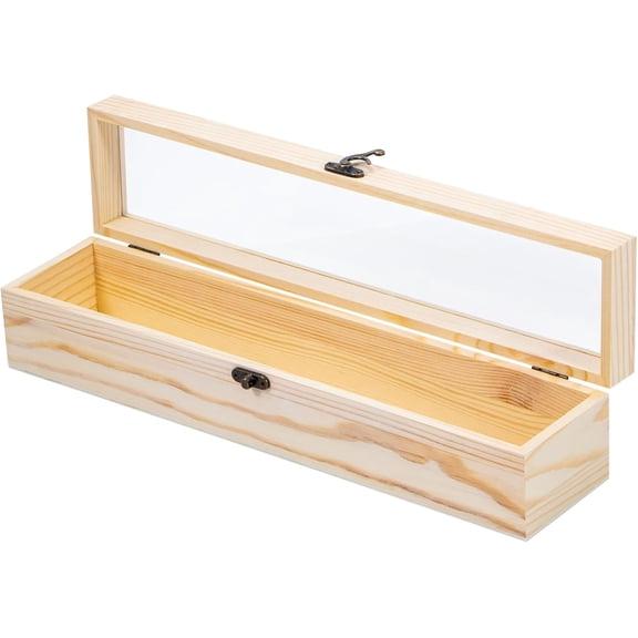 KKFEN-Unfinished Wooden Box With Hinged Glass Lid, 14.9" x 3.3" x 3.2" Wine Storage, Keepsake Container for Gift, Home Decorations, Wine Collection, Memorial Display
