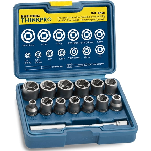 KKFEN-Upgraded 15 Piece Bolt Extractor Kit,Impact Bolt Socket Set for Damaged, Stripped, Rusted Bolts & Nuts Remover,SAE & Metric Sizes,Cr-Mo Steel