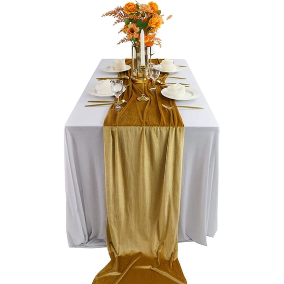 KKFEN-Velvet Table Runner, 10ft Luxurious Wedding Reception Decorations Soft Velvet Fabric Table Linen Overlay for Party (20 x 120 inch, Gold)