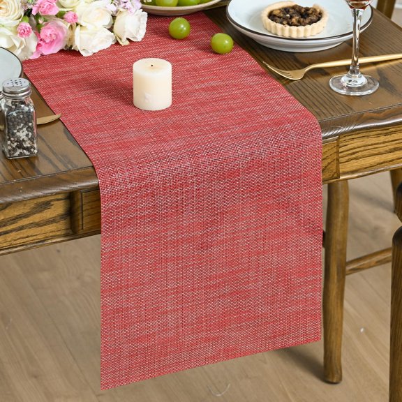 KKFEN-Vinyl Table Runners, 12x108 Inch Wipeable Woven Plastic Arbitrarily Cropped Runner for Home Party Indoor Kitchen Dining Room Holiday Table Decoration,Red