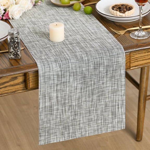 KKFEN-Vinyl Table Runners, 12x120 Inch Wipeable Woven Plastic Arbitrarily Cropped Runner for Home Party Indoor Kitchen Dining Room Holiday Table Decoration,Light Grey