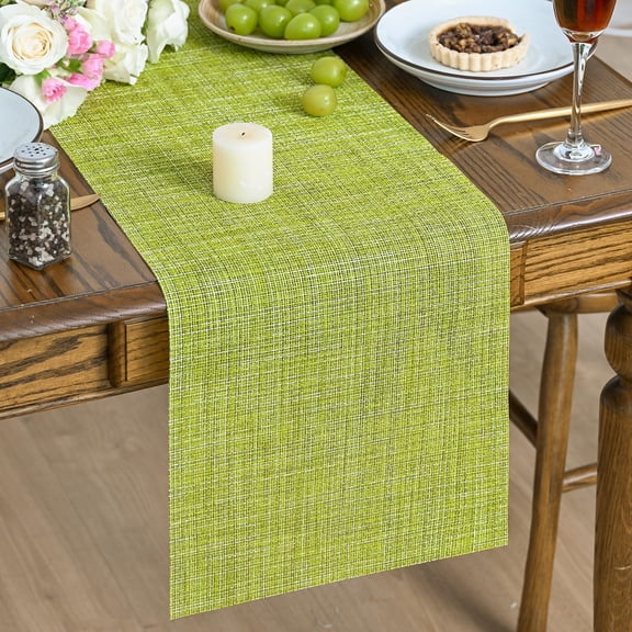 KKFEN-Vinyl Table Runners, 12x72 Inch Wipeable Woven Plastic Arbitrarily Cropped Runner for Home Party Indoor Kitchen Dining Room Holiday Table Decoration,Sage Green
