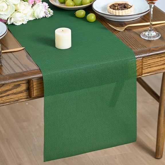 KKFEN-Vinyl Table Runners, 12x72 Inch Wipeable Woven Plastic Arbitrarily Cropped Runner for Home Party Indoor Kitchen Dining Room Holiday Table Decoration,Dark Green
