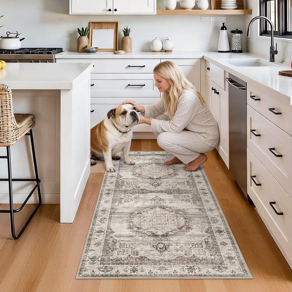 KKFEN-Washable Area Rugs 2x4 Entryway: Soft Ultra Thin Low Pile Mat Machine Washable Indoor Doormat Lightweight Entry Rug Anti Slip Backing Rugs for Living Room Bedroom Kitchen 2'x4' Beige