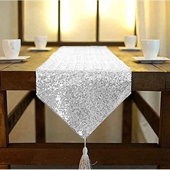 KKFEN-Wedding Decor Sequin Elegant Tassel Table Runner Silver-12x72-Inch-Plates Party Supplies Sequeen Table Runnes~1005E