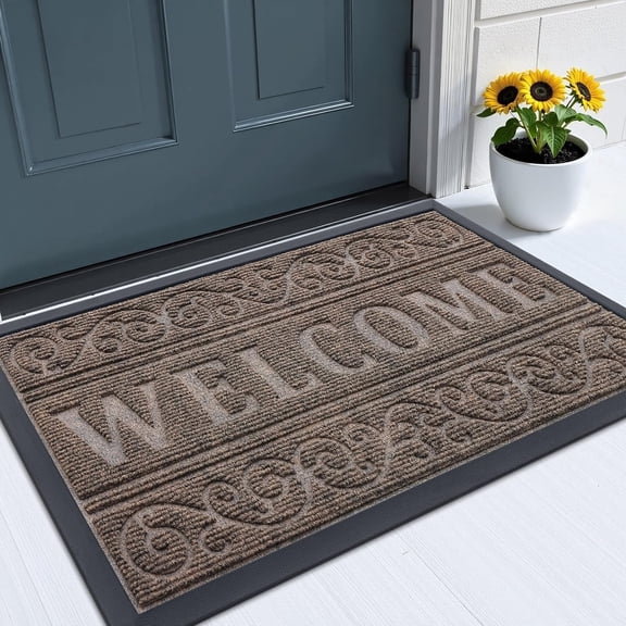 KKFEN-Welcome Door Mat Indoor Outdoor Entrance, Heavy Duty Sturdy Front Door Mat, Waterproof All-Weather Doormat, Stain Resistant, Low Profile, Easy Clean Patio Entryway Mat, 29.5 x 17, Medium Brown