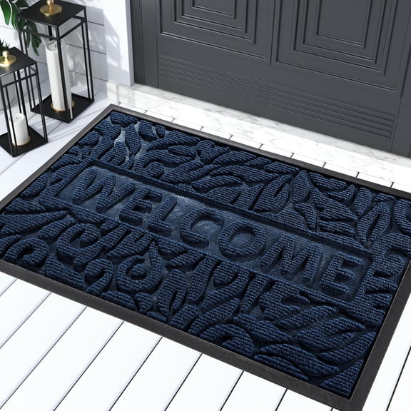 KKFEN-Welcome Mat Outdoor 29.5x17, Waterproof Non-Slip Outdoor Mats for Front Door Outside Entrance, Low-Profile Entryway Mat Indoor for Garage Patio, Blue