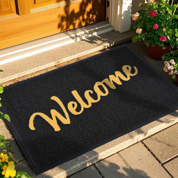 KKFEN-Welcome Mat Outdoor Indoor, 30x17.5, Black-Gold, Waterproof, Non Slip, Easy Clean
