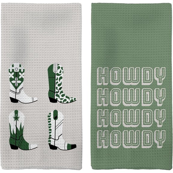 KKFEN-Western Preppy Kitchen Towels, Preppy Cowboy Hand Towels, Western Cowgirl Trendy Dish Towels Dishcloths Tea Towels for Kitchen, Green Howdy Cowboy Boots Kitchen Bathroom Decor Set of 2, 16x24in