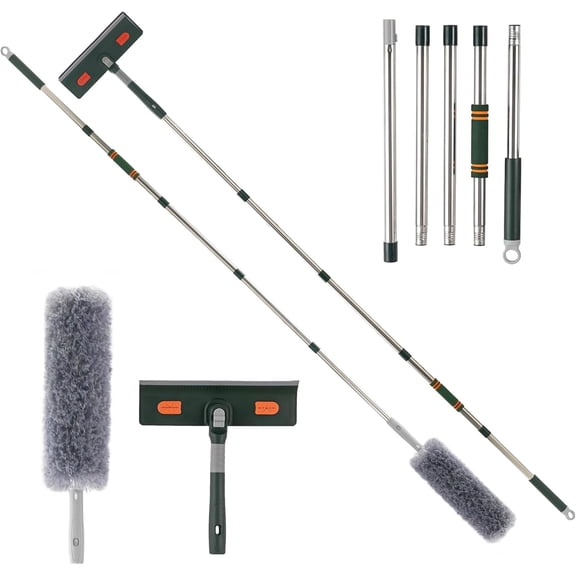 KKFEN-Window Squeegee Cleaner Tool with Extension Pole (81.5inch), 2-in-1 Squeegee for Window Cleaning Kit with Scrubber, Add Extra Pole Attachment Bendable Microfiber Feather Duster