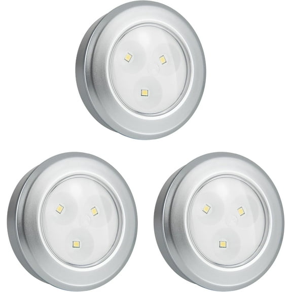 KKFEN-Wireless LED Puck Lights, Touch Activated Tap Ligh, Battery Operated Stick On Lights for Under Cabinet, Kitchen, Closet & Counters, 3-Pack, Silver