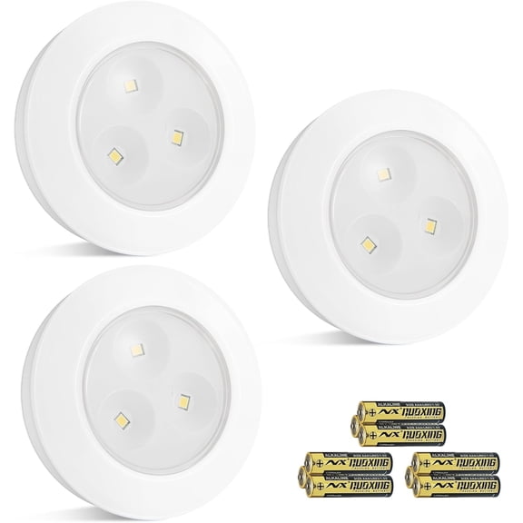 KKFEN-Wireless LED Puck Lights, Touch Activated Tap Ligh Push Light, Battery Operated Stick On Lights for Under Cabinet, Kitchen, Closet & Counters, 3-Pack, White (Included 3AAA Batteries)