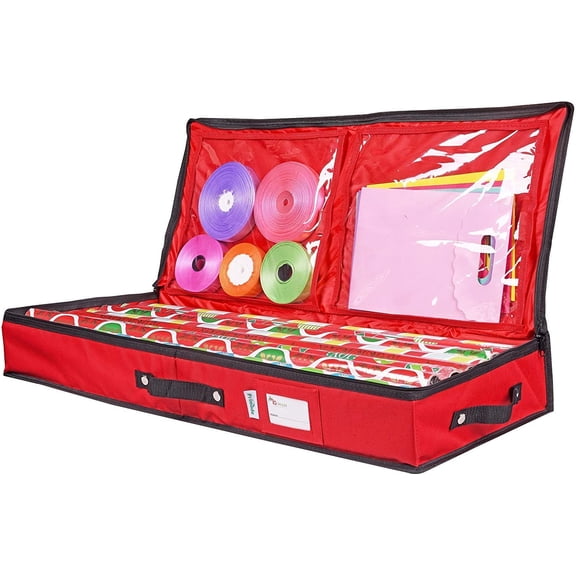 KKFEN-Wrapping Paper Storage Container | Under Bed Gift Wrap Organizer for 30 Inch Rolls | 31x13.5x4.5 | 600D Oxford Material | Box Holder with Pockets for Ribbon, Bows, and Accesso