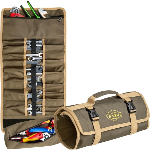 KKFEN-Wrench Roll Up Heavy-Duty Canvas Tool Organizer, Tool Roll Organizer Gifts for Dad Roll-Up Tool Bag w/Multiple Pockets for Wrenches, Sockets & Hand Tools for Mechanics & Electricians
