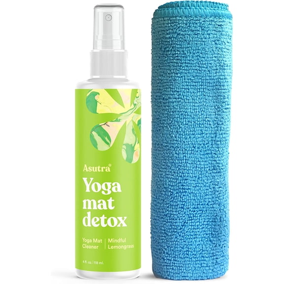 KKFEN-Yoga Mat Cleaner Spray (Mindful Lemongrass), 4 fl oz - No Slippery Residue, Organic Essential Oils Deep-Cleansing for Fitness Gear & Gym Equipment, Microfiber Towel Included