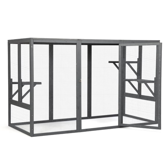 KKJ Outdoor Cat Enclosure Catio with Weatherproof Roof, Large Wooden Cat Cage for Garden Patio Balcony Gray