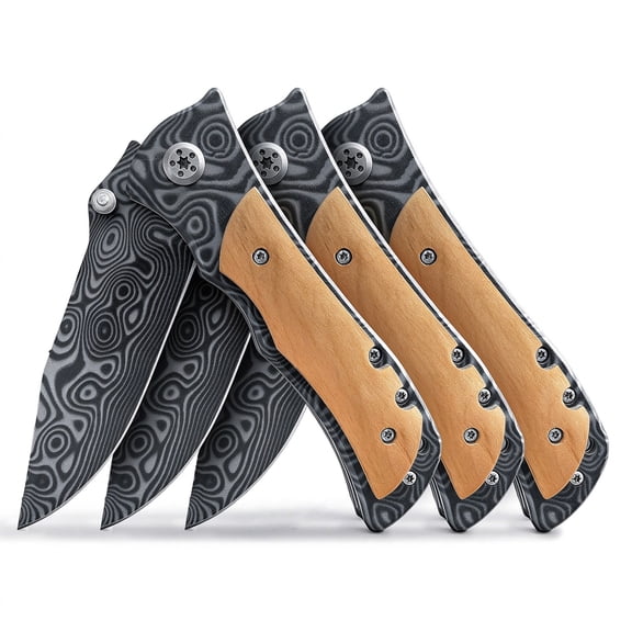 KKKnifer Wood Handle Folding Pocket Knife, High Carbon Steel Blade, 3-Pack, 8 in