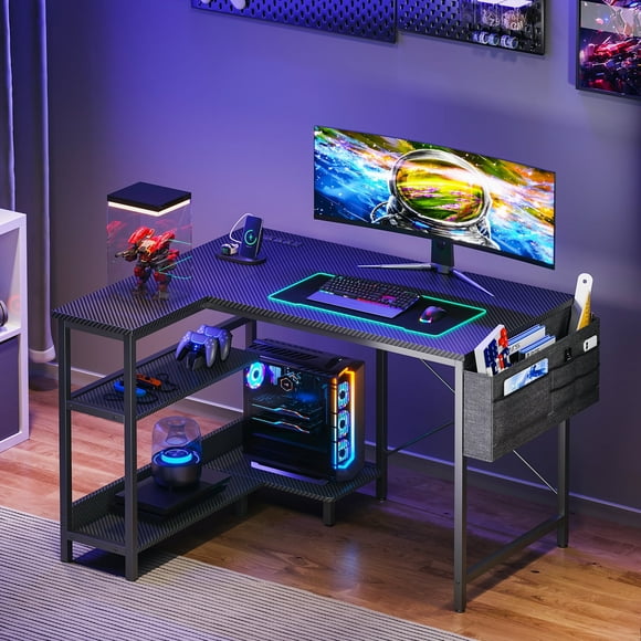 40 inch Small Office Desk with Storage Shelve, Gaming Table with Power Outlets for Small Spaces, Black Carbon
